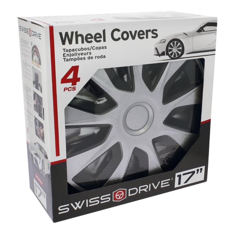Embalaža izdelka “Wheel Covers” z napisom 4 pcs in sliko nameščenih pokrovov na avtomobilu