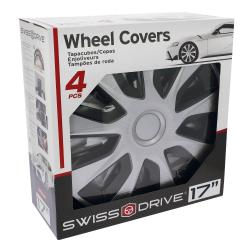 Embalaža izdelka “Wheel Covers” z napisom 4 pcs in sliko nameščenih pokrovov na avtomobilu