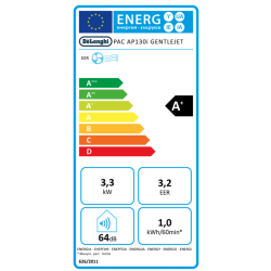 Energijska nalepka klimatske naprave De’Longhi PAC AP130i GentleJet z razredom A+, močjo 3,3 kW, EER 3,2 in glasnostjo 64 dB.