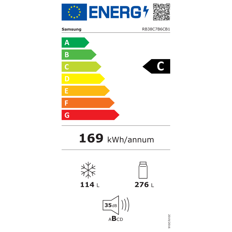 Energijska nalepka za kombinirani hladilnik Samsung RB38C7B6CB1 z energijskim razredom C, letno porabo 169 kWh, prostornino hladilnega dela 276 L, prostornino zamrzovalnega dela 114 L in glasnostjo 35 dB.