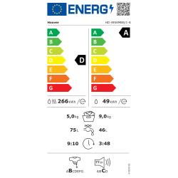 Energijska nalepka za pralno‑sušilni stroj Hoover HD 495AMBS/1‑S z energijskim razredom D za pranje in sušenje ter A za pranje, porabo 266 kWh in 49 kWh na 100 ciklov, zmogljivostjo 5 kg (pranje in sušenje) oziroma 9 kg (pranje), porabo vode 75 L in 46 L ter glasnostjo 77 dB pri ožemanju.