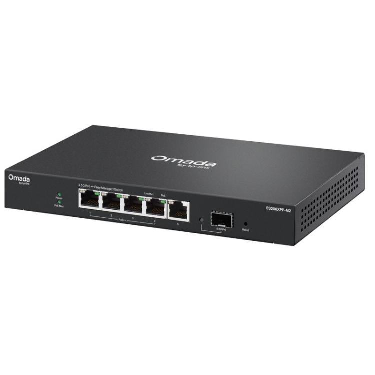 TP‑Link Omada ES206XPP‑M2 mrežno stikalo v kompaktnem kovinskem ohišju z večgigabitnimi Ethernet priključki in podporo PoE.