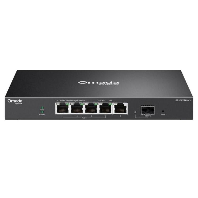 Omada by TP-Link ES206XPP-M2 2,5G PoE+ stikalo s petimi Ethernet priključki, SFP+ režo in podporo za upravljanje omrežja.