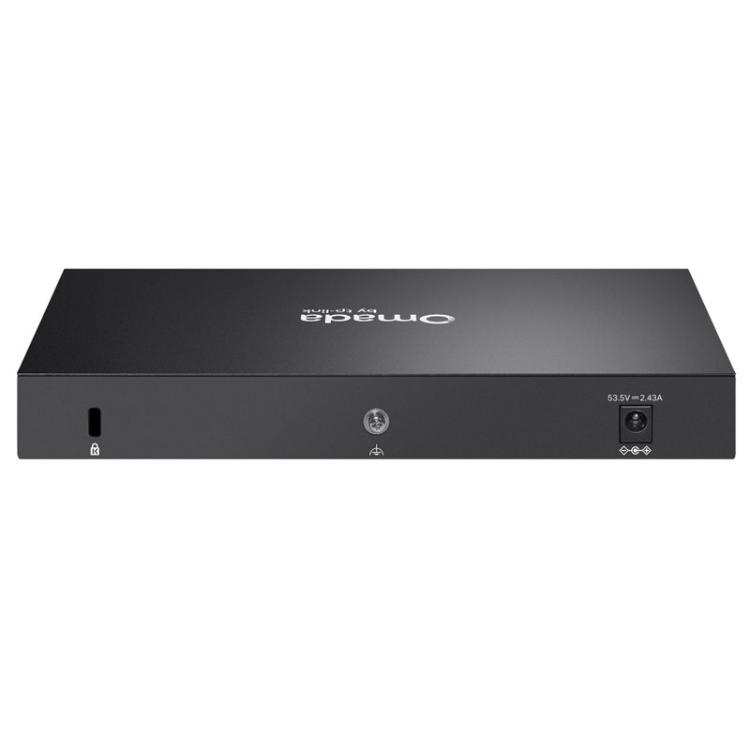 Zadnja stran Omada by TP-Link ES206XPP-M2 upravljanega stikala z varnostno ključavnico, ozemljitvenim priključkom in napajalnim vhodom.