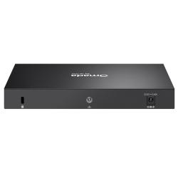 Zadnja stran Omada by TP-Link ES206XPP-M2 upravljanega stikala z varnostno ključavnico, ozemljitvenim priključkom in napajalnim vhodom.