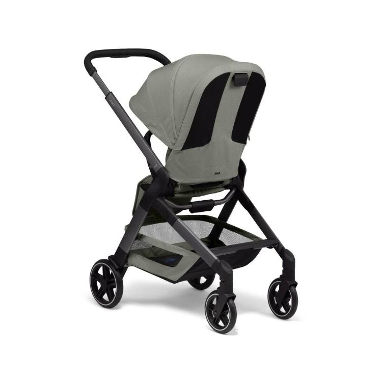 Otroški voziček Joolz v sage zeleni barvi, zadnji pogled s strešico in košaro spodaj