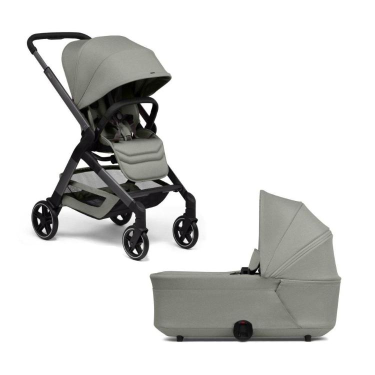 Otroški voziček Joolz v sage zeleni barvi z nastavljivim naslonom in strešico ter košaro za novorojenčka