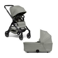 Otroški voziček Joolz v sage zeleni barvi z nastavljivim naslonom in strešico ter košaro za novorojenčka