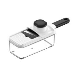 Ročni rezalnik mandolina z nastavljivim rezilom in posodo za zelenjavo.