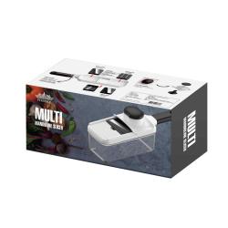 Embalaža ročnega rezalnika mandolina z več nastavki za rezanje.