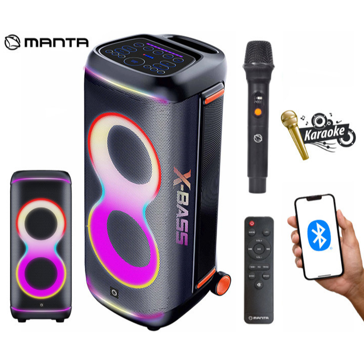 Manta karaoke zvočnik, prikazan z dodatki Bluetooth, mikrofonom, daljincem in RGB osvetlitvijo.