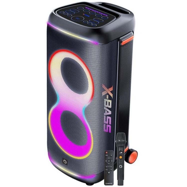 Manta karaoke zvočnik z RGB osvetlitvijo, prikazan iz sprednjega kota z mikrofonom in daljincem.