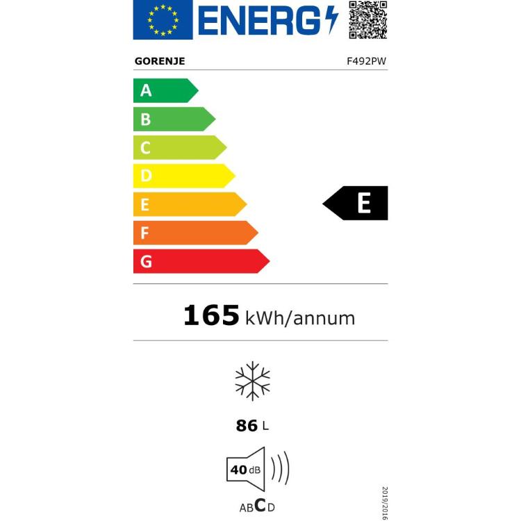 Energijska nalepka zamrzovalnika Gorenje z razredom E, letno porabo 165 kWh, prostornino 86 L in glasnostjo 40 dB.