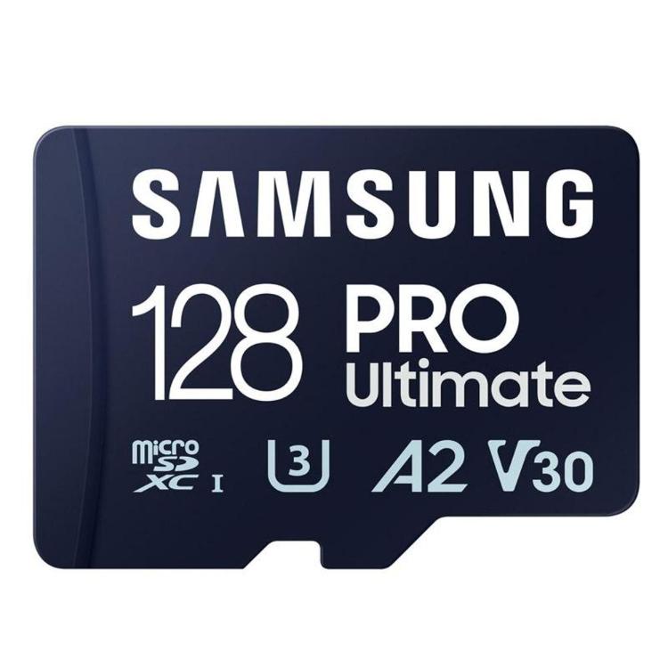 MicroSDXC pomnilniška kartica Samsung PRO Ultimate 128 GB z oznakami UHS‑I U3, A2 in V30 omogoča hitro shranjevanje fotografij, videoposnetkov 4K ter nemoteno uporabo aplikacij na pametnih napravah.