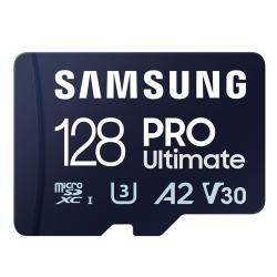 MicroSDXC pomnilniška kartica Samsung PRO Ultimate 128 GB z oznakami UHS‑I U3, A2 in V30 omogoča hitro shranjevanje fotografij, videoposnetkov 4K ter nemoteno uporabo aplikacij na pametnih napravah.