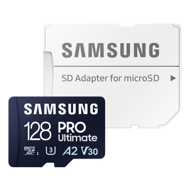 Pomnilniška kartica Samsung PRO Ultimate 128 GB z visokimi hitrostmi prenosa podatkov, razredom zmogljivosti A2 in video razredom V30 zagotavlja zanesljivo delovanje za ustvarjanje, prenos in shranjevanje zahtevnih vsebin.