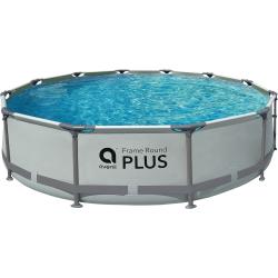 Avenli Frame Round PLUS okrogel bazen s kovinskim okvirjem, siv, z modro vodo, stabilna konstrukcija.
