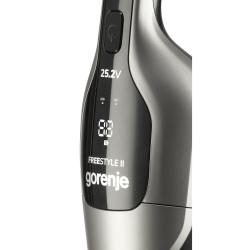 Prikaz digitalnega zaslona brezžičnega sesalnika Gorenje SVC252110FSIIA Freestyle 2 v 1 z napetostjo 25,2 V in prikazom stanja baterije.
