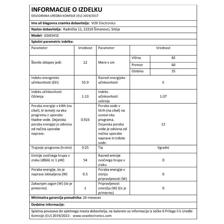 Vgradni pomivalni stroj VOX GSI6541E_3