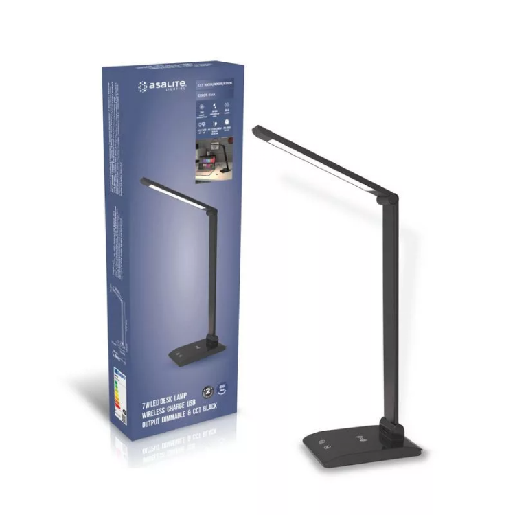 Namizna svetilka Asalite, LED z zatemnitvijo, brezžična USB, 7 W, črna