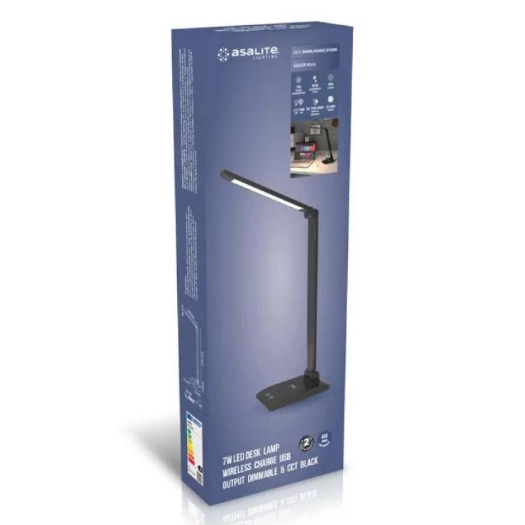 Namizna svetilka Asalite, LED z zatemnitvijo, brezžična USB, 7 W, črna