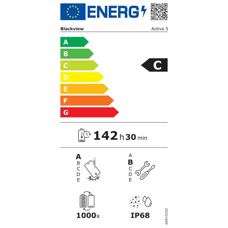 Blackview Active 5 energijska nalepka z razredom C, IP68 zaščito in avtonomijo do 142 ur 30 minut.