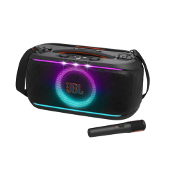 JBL PartyBox On‑The‑Go 2, prenosni zvočnik z LED krožnim svetlobnim efektom in brezžičnim mikrofonom.