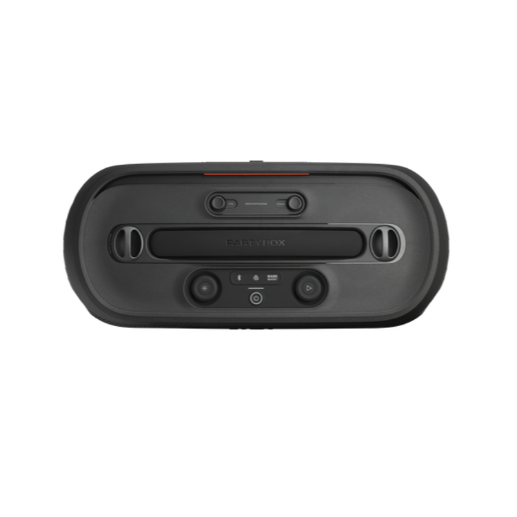 JBL PartyBox On‑The‑Go 2, zgornji pogled, kontrolna plošča, gumbi za predvajanje, Bluetooth in bas.
