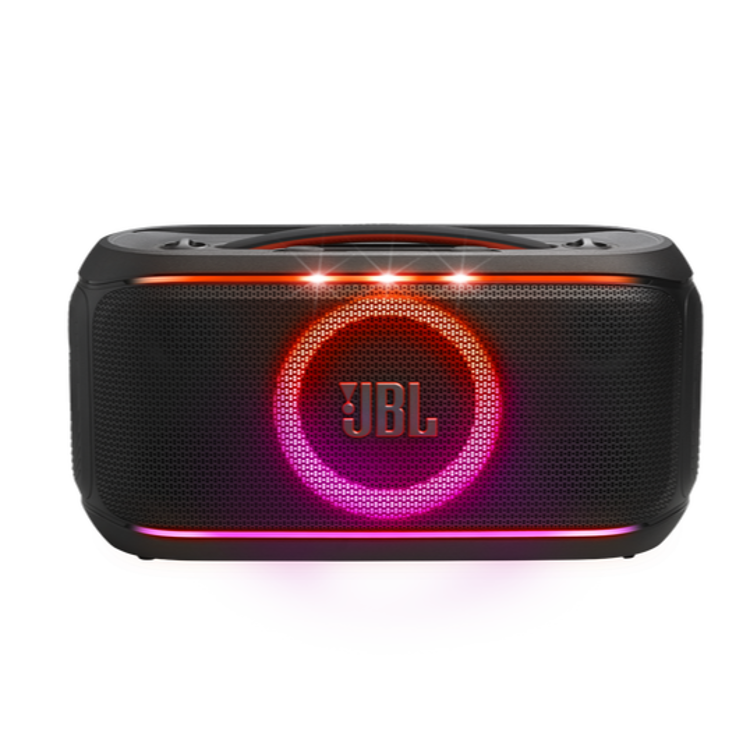 JBL PartyBox On‑The‑Go 2, spredaj, osvetljen JBL logotip, RGB LED ring, močan prenosni party zvočnik.