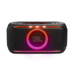 JBL PartyBox On‑The‑Go 2, spredaj, osvetljen JBL logotip, RGB LED ring, močan prenosni party zvočnik.