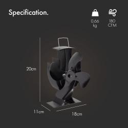 Ventilator dimenzij 20 × 18 × 11 cm zagotavlja pretok zraka do 180 CFM in je primeren za uporabo na kaminskih ter pečeh na drva.