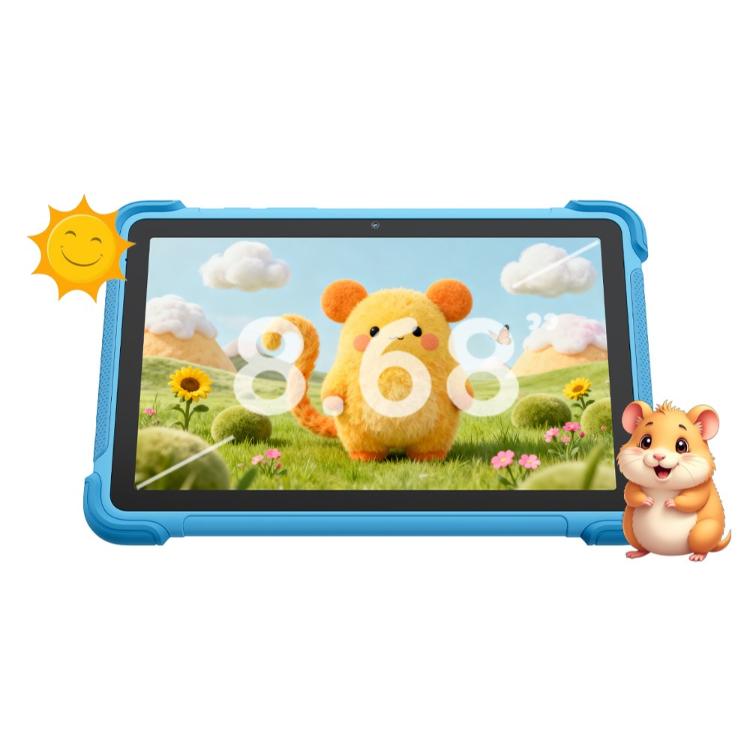 Blackview LINK 1 Kids tablica, moder ovitek, zaslon 8", otroški motiv, zaščita oči, grafika sonca in živali.
