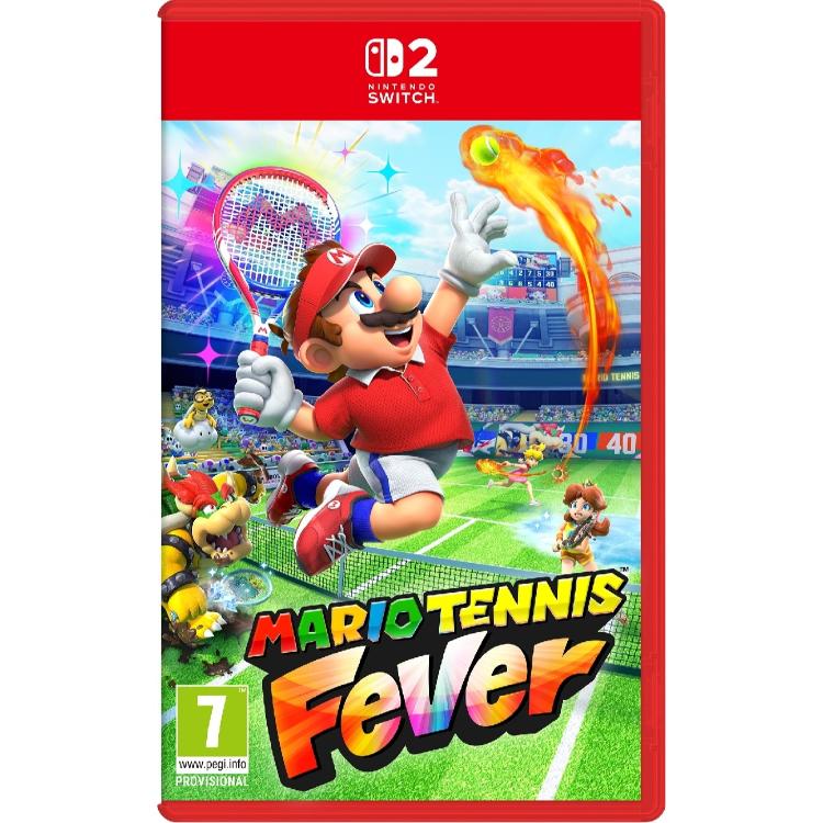 Igra Mario Tennis: Fever za Nintendo Switch 2 v fizični embalaži, z likom Mario med serviranim teniškim udarcem na stadionu ter oznako PEGI 7.