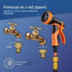 Komplet raztegljive vrtne cevi VonHaus z večnamensko pršilno pištolo, stenskim nosilcem, adapterjem za pipo in tesnili za priklop.