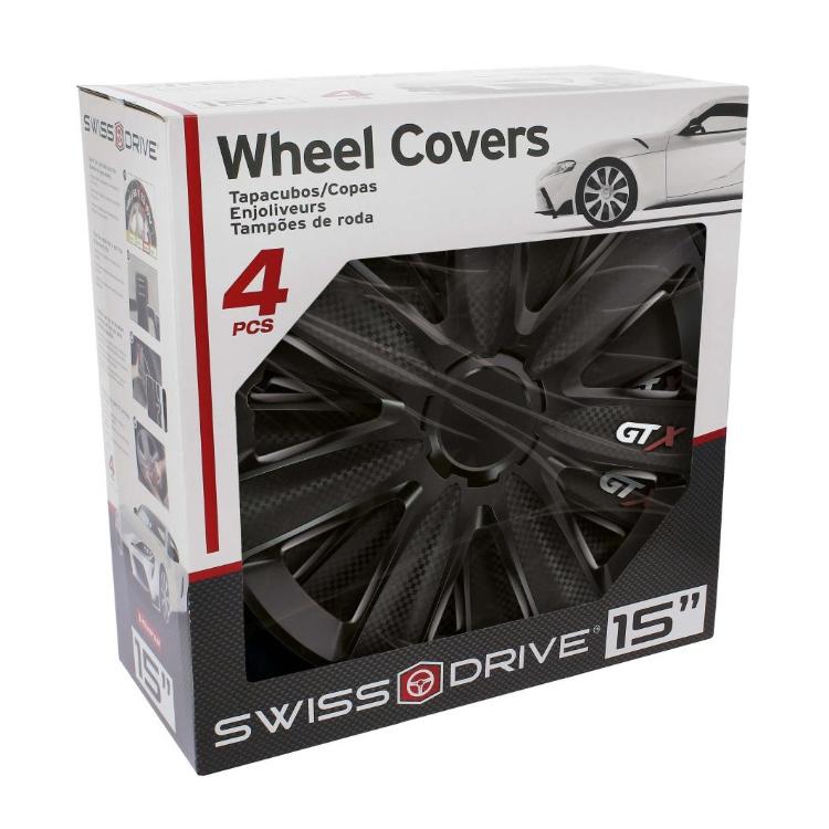 Škatla Swiss Drive “Wheel Covers 4 PCS” z oknom; znotraj viden črn pokrov GT X, velikost 15"