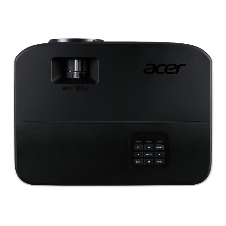 Acer črn projektor z zgornjim gumbnim vmesnikom, režo za prilagoditev slike ter oznako Vero na ohišju.