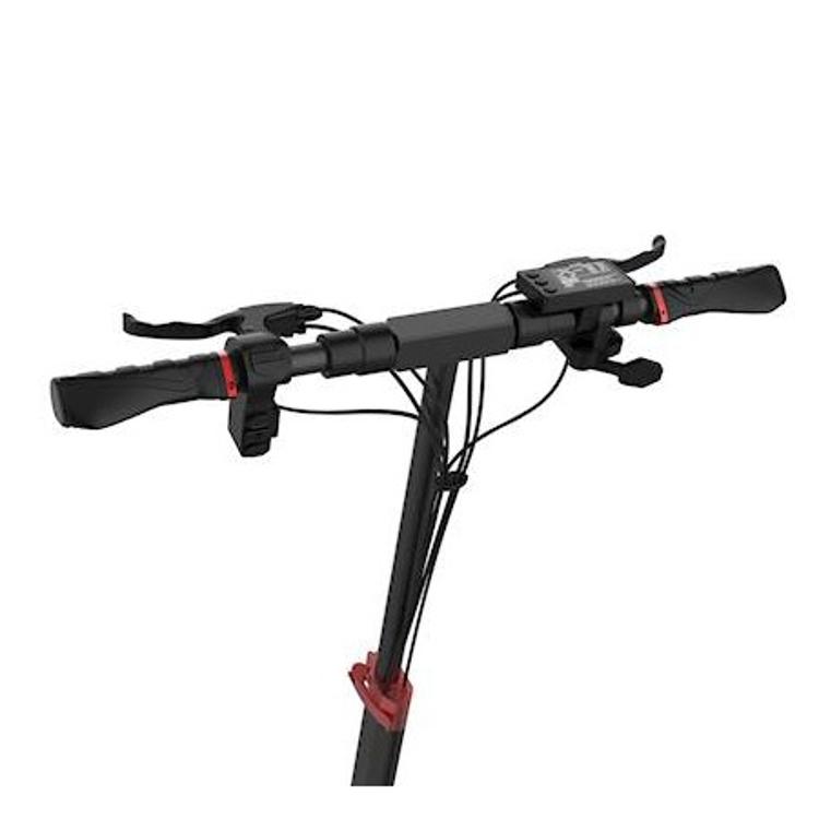 UrbanGlide E‑Cross Max 2x2 (2. gen), krmilo, zaslon, ročice plina in zavor, robusten črn dizajn.
