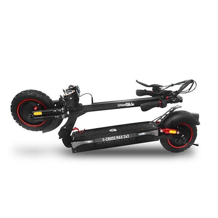 UrbanGlide E‑Cross Max 2x2 (2. gen), zložen skiro, dvojni motor, vzmetenje in terenske pnevmatike.