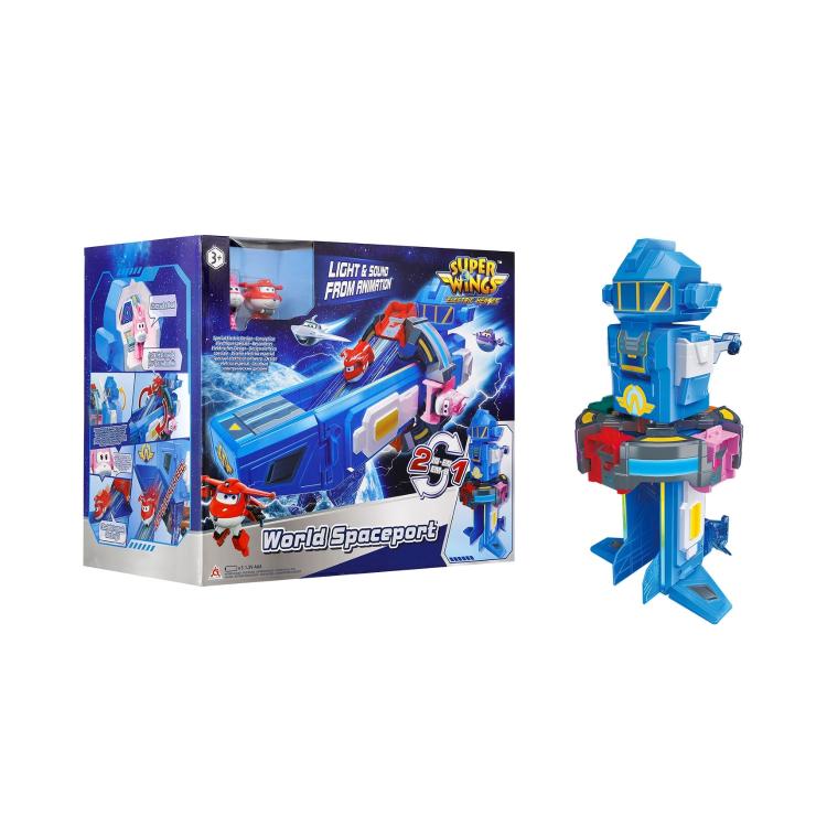 Igralni set Super Wings World Spaceport z vesoljsko postajo, svetlobnimi in zvočnimi učinki ter transformacijo 2-v-1, za otroke 3+.