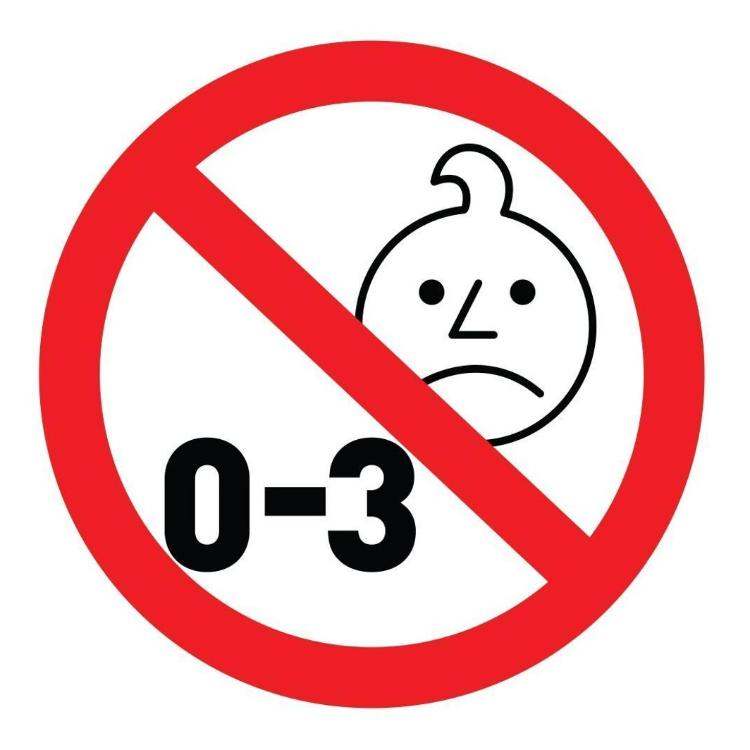 Opozorilni simbol prepovedi za otroke od 0 do 3 let zaradi majhnih delov.