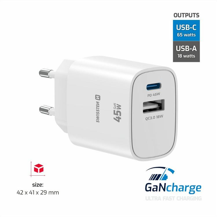 Swissten Edge GaN 45 W z napredno tehnologijo galijevega nitrida (GaN), kompaktnimi dimenzijami 42 × 41 × 29 mm in dvema izhodoma združuje visoko zmogljivost, energetsko učinkovitost ter priročno uporabo doma, v pisarni ali na poti.