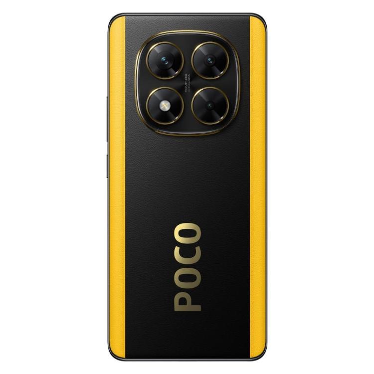 POCO pametni telefon z štirimi kamerami, črno‑rumenim ohišjem in velikim logotipom