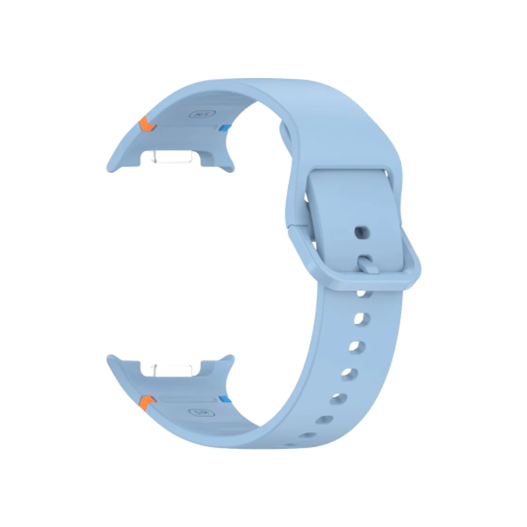 Moder silikonski pašček Samsung Stitch za Galaxy Watch, mehak material, kontrastni detajli in klasična zaponka.