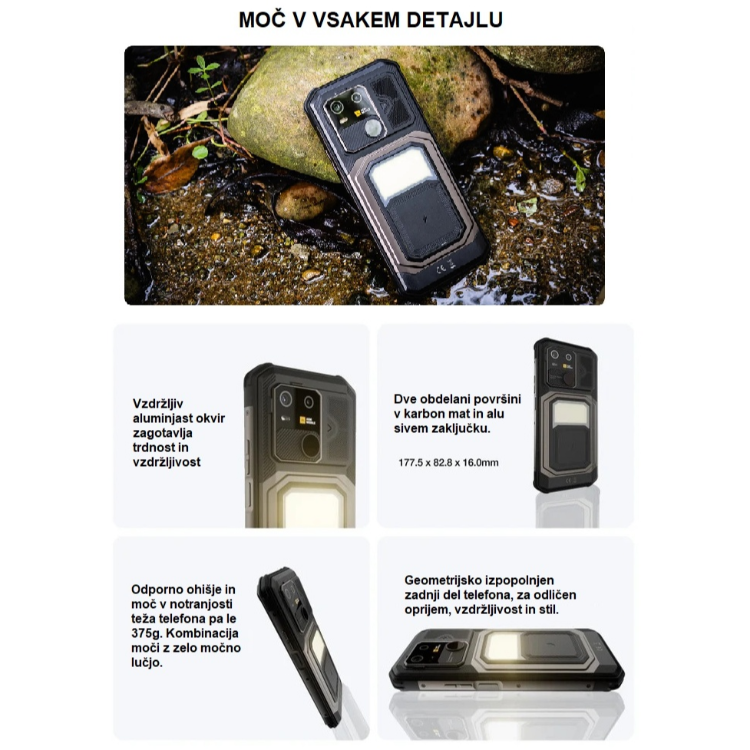 "AGM Mobile G3 v robustnem alu ohišju z močnim zadnjim LED modulom in IP zaščito.