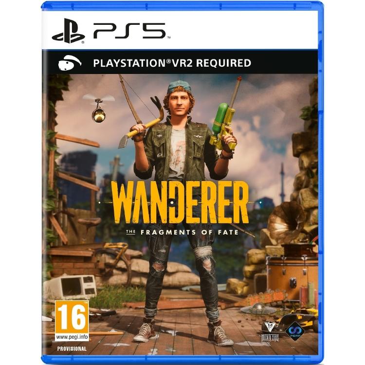 Igra Wanderer: The Fragments of Fate za PlayStation 5 VR2 v fizični embalaži, z glavnim likom v postapokaliptičnem okolju in oznako PEGI 16.