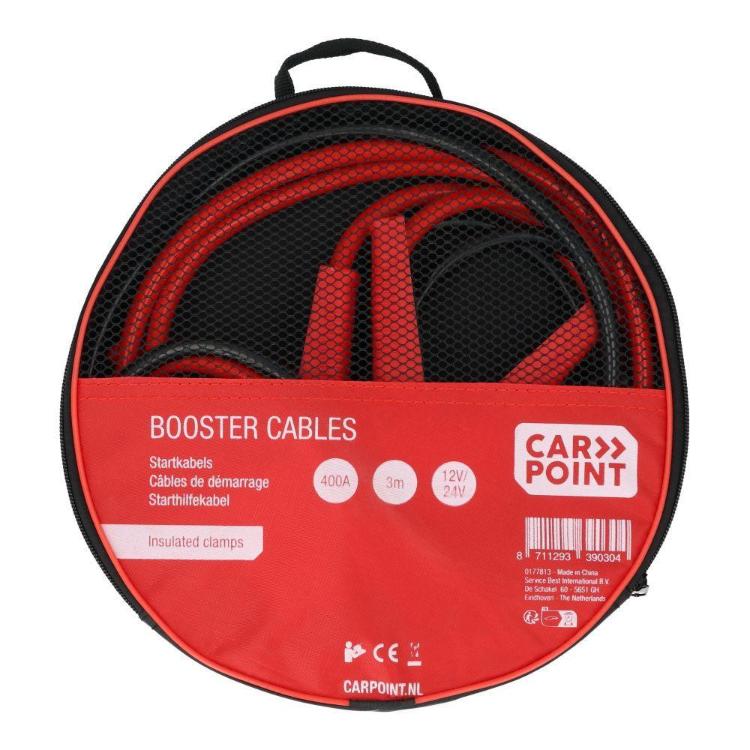 Zapakirani zagonski kabli Carpoint za vozila 12 V/24 V v črno-rdeči torbi z mrežastim sprednjim delom.