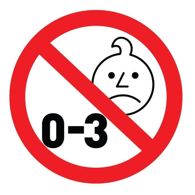 Opozorilni simbol prepovedi za otroke od 0 do 3 let zaradi majhnih delov.