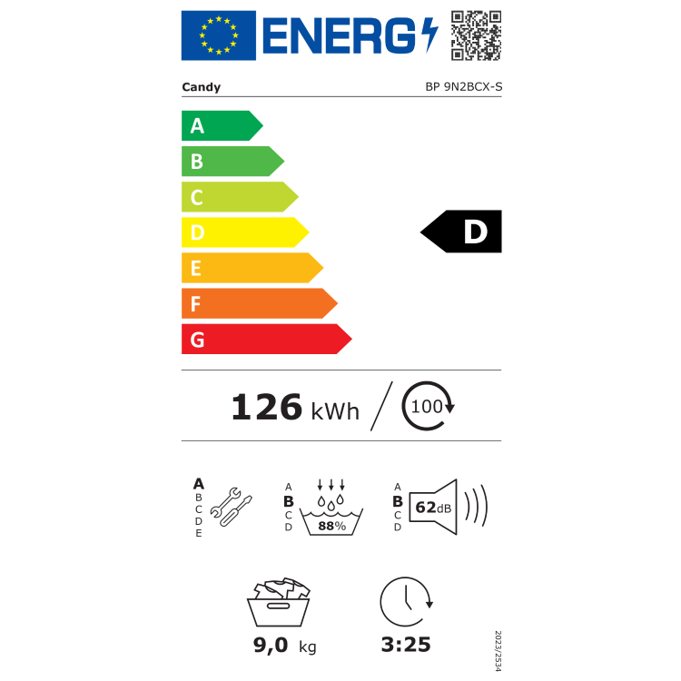 Energijska nalepka za sušilni stroj Candy BP 9N2BCX‑S z energijskim razredom D, porabo 126 kWh na 100 ciklov, zmogljivostjo 9 kg, učinkovitostjo kondenzacije 88 %, glasnostjo 62 dB in trajanjem programa 3 h 25 min.