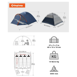 Shema dimenzij kamping šotora KingCamp Holiday IV z označenimi merami, kapaciteta za štiri osebe, teža 4,6 kg in vodni stolpec 3000 mm.
