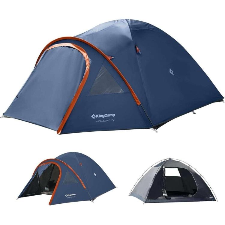 Kamping šotor KingCamp Holiday IV v modri barvi, prikaz treh postavitev z različnimi odprtinami, na belem ozadju.